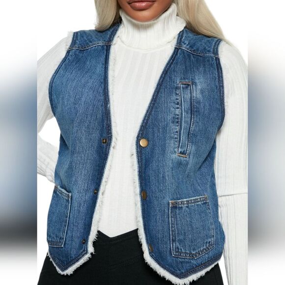 Fashion Nova "Big Sky Denim" Sherpa Lined Button-up Denim Vest Size L NEW - Picture 3 of 7